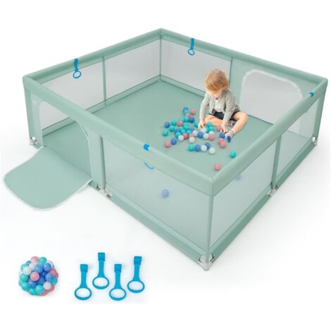 GOPLUS Parc pour Bébé, Parc de Jeu pour Tout-Petit avec Maille Respirante, 4 Anneaux, Balles Océaniques, Barrière pour Bébé avec Porte, Centre d'Activités Intérieur pour Enfants,180X200CM(Vert)