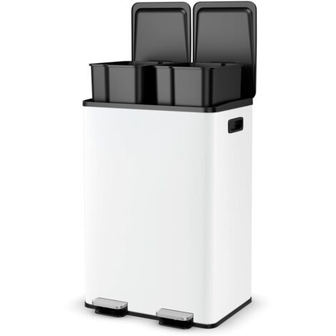 GOPLUS Pattumiera per Rifiuti a 2 Scomparti, Cestino a Pedale 2x30L con 2 Coperchi Separati e Pedale, Cestino Spazzatura Differenziata in Acciaio Inox per la Cucina, 48×38×67 cm (Bianco)