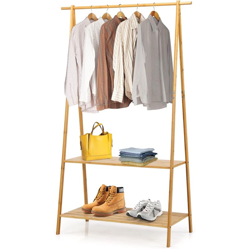 GOPLUS Penderie en Bambou,Porte-vêtements sur Pieds avec 2 Étagères,Tringle de Suspension,Dispositif Anti-basculement
