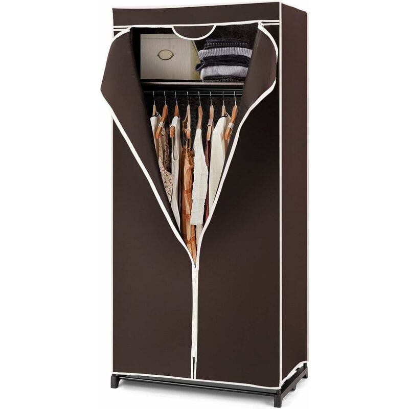 Pendrie en Tissu avec Housse- 74 x 50 x 172CM- 3 Parties d'espace de Stockage-Armoire de Vêtements Imperméable,Café - Goplus