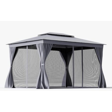 Goplus – Pergola jardin 3 x 4 m – Tonnelle stable en métal avec toit double – 8 piquets – Parois latérales et moustiquaire – Résistante à l'eau