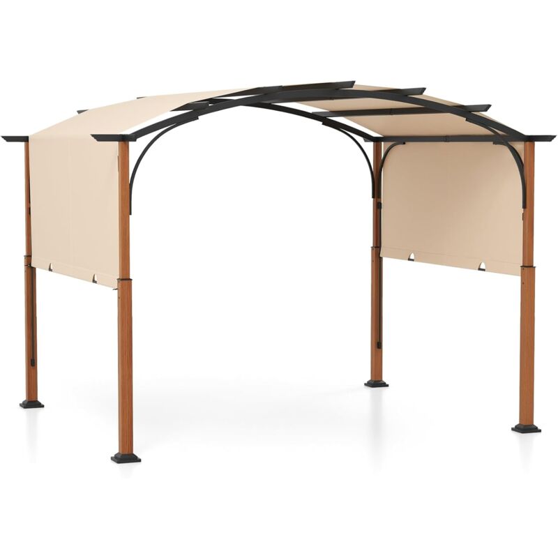 Pergola Rétractable 360 x 300 cm, Pergola de Terrasse Arquée avec Auvent Réglable, Piquets de Sol, Cadre en Métal, Auvent de Patio, Abri Métallique