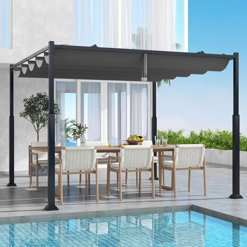 Pergola Terrasse 3,1 x 3,1 m avec Auvent Rétractable Coulissante, Pergola Extérieure en Métal Robuste avec Pare-Soleil avec Piquets de Sol, pour