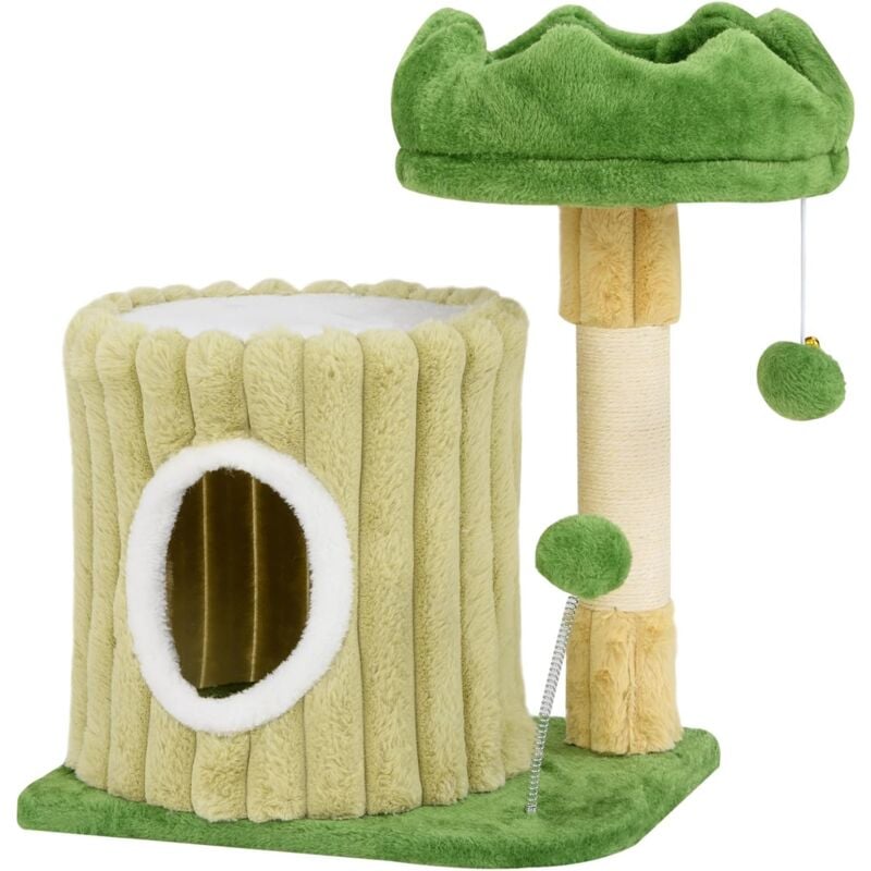 Petit Arbre à Chat Design, 2 Niveaux avec Maison, Plateforme Capitonnée, Poteau en Sisal, Jouet à Ressort, Boule Suspendue, Arbre a Chat en Forme