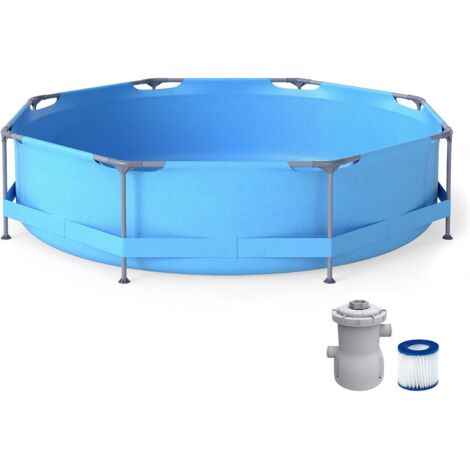 GOPLUS Piscine Hors Sol avec Pompe de Filtration, Piscine Enfants Adulte Pliableen PVC avec Cadre Métallique & Vidange de Fond & Coussinets Antidérapants, Jardin, Terrasse, Pelouse (Bleu,φ3,6M)
