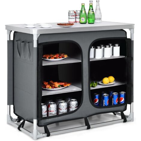 GOPLUS Placard de Camping, Table de Barbecue Piquenique avec Organisateur de Rangement à Fermeture Éclair et Poches Latérales, Armoire de Camping avec Plateau de Table, Sac de Transport
