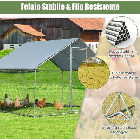 GOPLUS  Pollaio in Metallo 3x6x1,95 M con Tetto Impermeabile e Resistente ai Raggi UV, Recinto Esterno per Polli 18 m², Gabbia in Acciaio Zincato con Porte e Serratura per Conigli, Piccoli Animali
