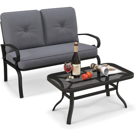 GOPLUS Poltrona da Patio con Tavolino e Cuscini Morbidi da Esterno 2 Pezzi, Struttura Antiruggine con Schienale Ergonomico e Braccioli, Adatto per Patio Balcone Piscina