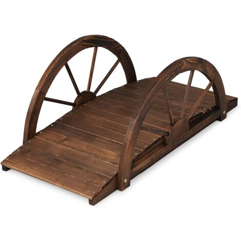 GOPLUS Pont de Jardin en Bois de 100 cm, Pont en Arc en Sapin Carbonisé avec Clôtures de Sécurité en Forme de Roue, Finition Teintée, Décoration de Paysage de Jardin