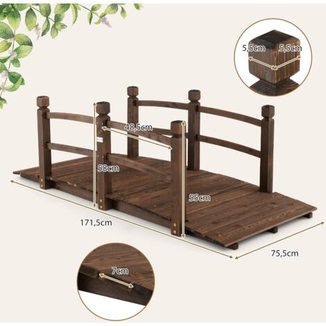 GOPLUS Ponte da Giardino in Legno di Abete con Balaustra, Fondo Rinforzato, Ponticello Decorativo Carbonizzato Resistente alle Intemperie per Giardino Cortile, Portata 180kg, 172x75x58,5cm, Marrone