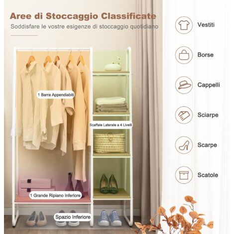 GOPLUS Porta Abiti con Ripiani in Legno, Armadio Aperto per Vestiti con Asta Appendiabiti e 5 Ripiani in Legno, Stand Appendiabiti in Metallo per Camera da Letto, Negozi di Abbigliamento (Bianco)