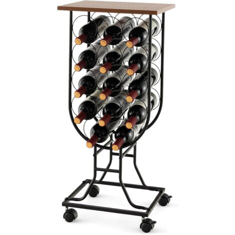 GOPLUS Portabottiglie con Ruote Rimovibili e Bloccabili, Portabottiglie per 14 Bottiglie con Telaio in Metallo e Piano di Legno, Mobile Bar per Soggiorno e Cucina, 38 x 30 x 82 cm