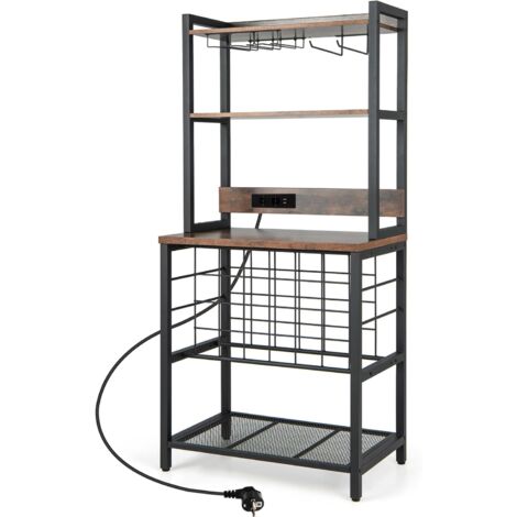 GOPLUS Portabottiglie in Legno, Scaffale Portaoggetti, 4 Ripiani in Legno e Metallo, 24 Scomparti per Vino, con Presa Elettrica, Stile Industriale per Cucina e Soggiorno, 76 x 48 x 163 cm