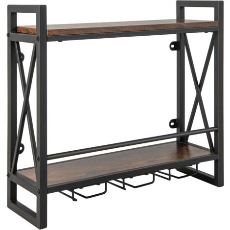 GOPLUS Portabottiglie per Vino da Parete, Scaffale da Parete con Portabicchieri, Mensola a soffitto con Telaio in Metallo, Portavino per Cucina Bar Ristorante (Stile 2)