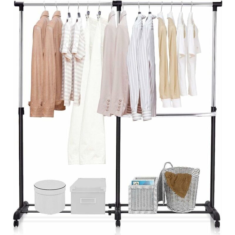 Portant a Vetement 2 Barres de Suspension Hauteurs et Longuer Reglables, Penderie Roulette avec 2 Etageres, 4 Roues Universelles 2 avec Frein,