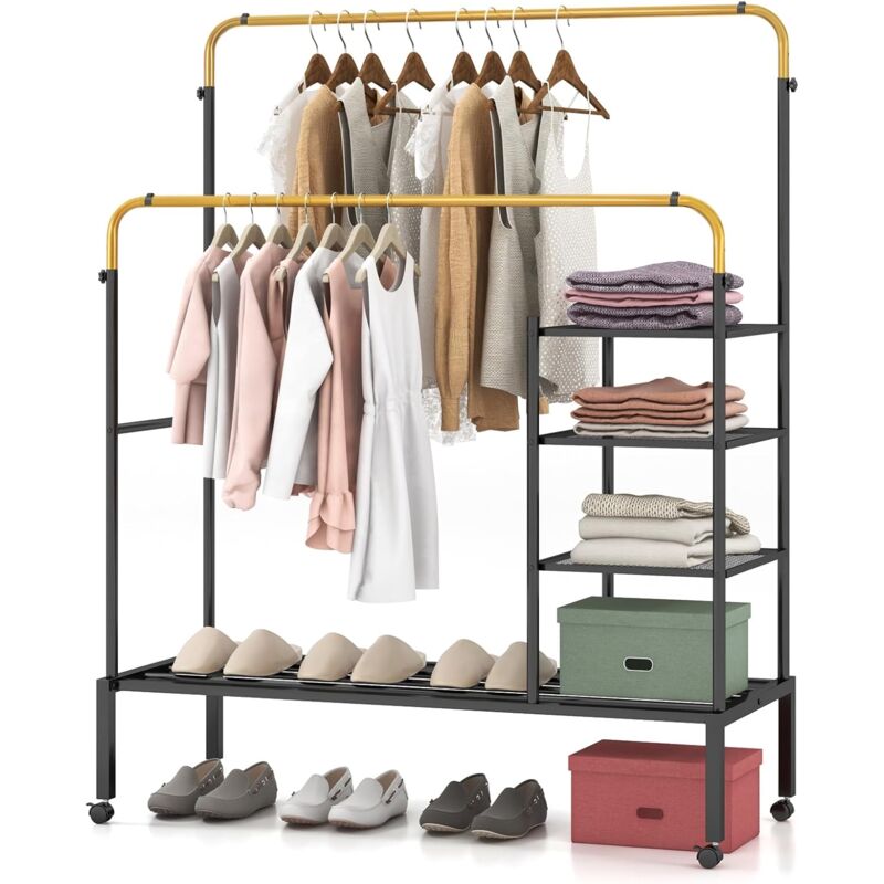 Portant à Vêtements à Double Mobile 135x54CM-2 Barres de Suspension Réglables/Etagère à 3 Niveaux et à Chaussures Noir+Or - Goplus