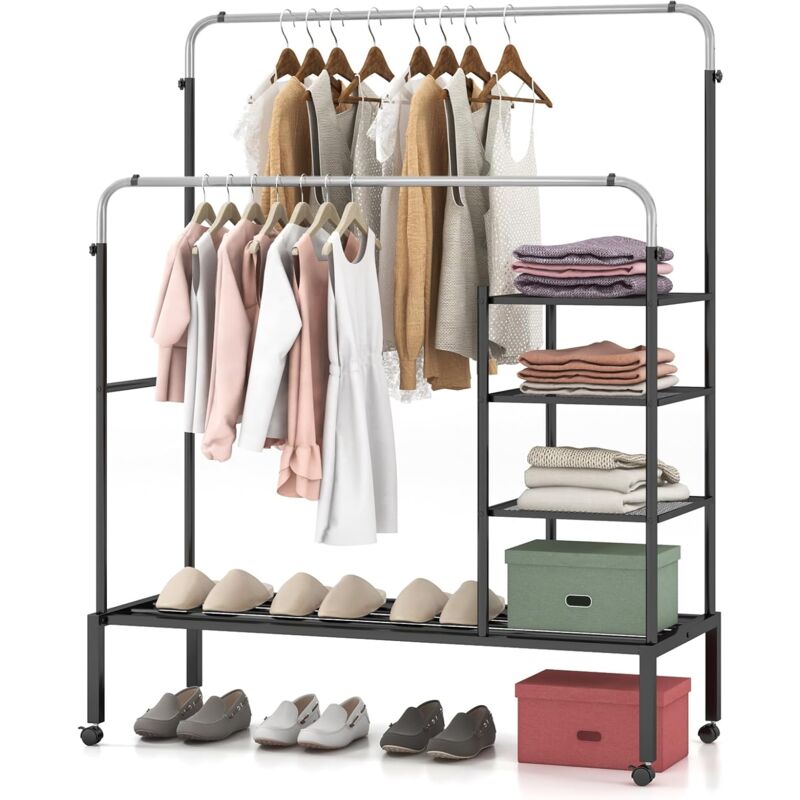 Portant à Vêtements à Double Mobile 135x54CM-2 Barres de Suspension Réglables/Etagère à 3 Niveaux et à Chaussures Noir+Argent - Goplus