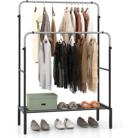 GOPLUS Portant à Vêtements en Métal 108x50CM-Réglable en Hauteur-2 Tringles/Étagère à Chaussures/Clips Antidérapants Noir