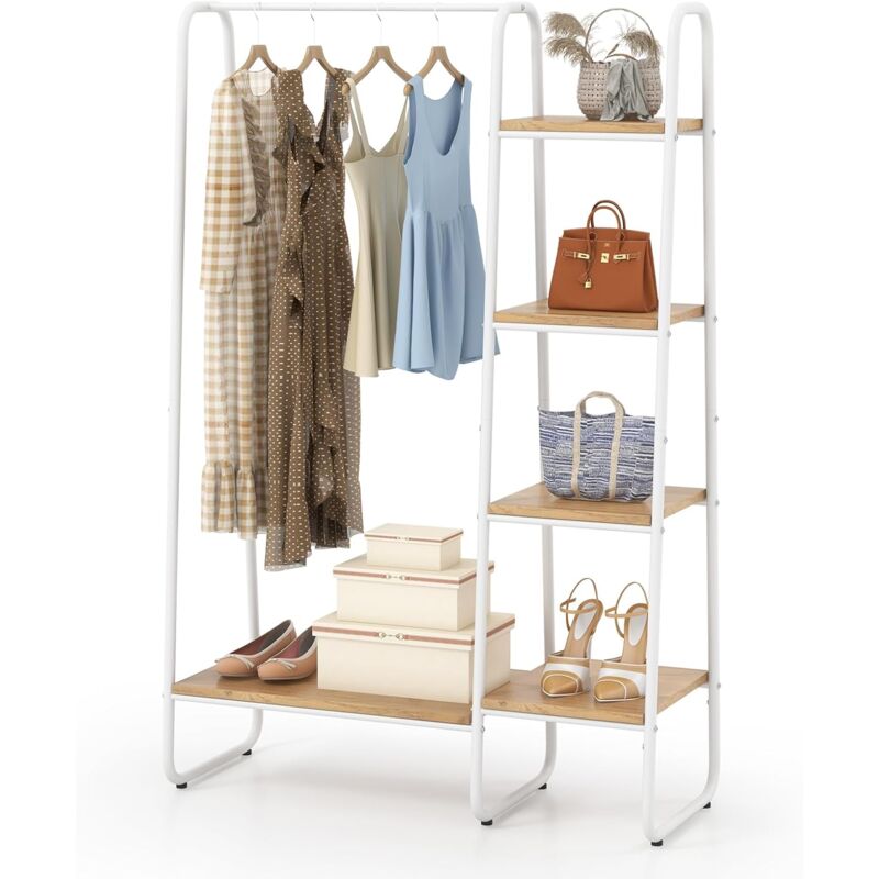 GOPLUS Penderie Portant à Vêtements-avec Tringle de Suspension et 5 Étagères-Porte-Vêtements Léger Autoportant en Métal Blanc