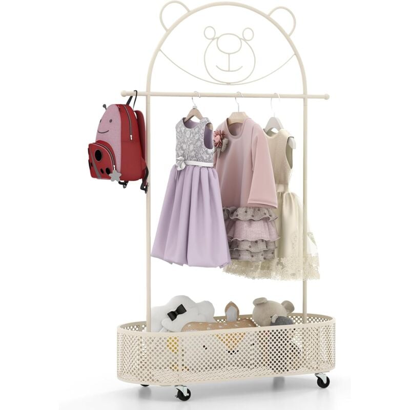 Portant à Vêtements pour Enfant à Roulettes, Porte-Habits avec Panier de Rangement, 3 Hauteurs Réglables, Porte-Vêtements Suspendu en Métal en Forme