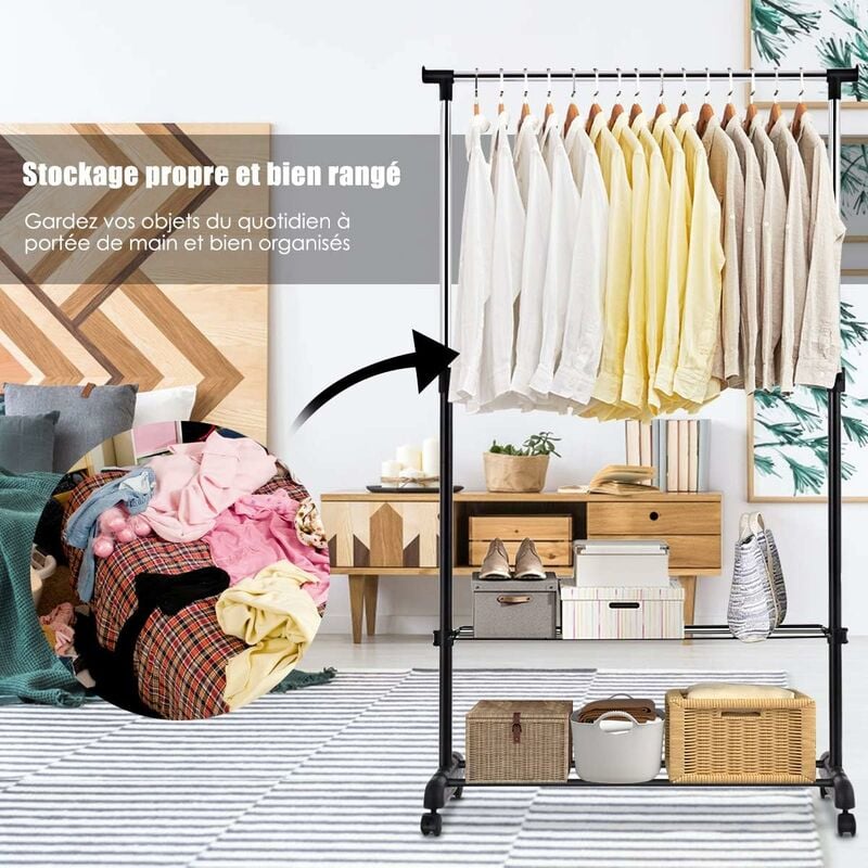 Portant a Vetement 2 Etageres, Penderie Roulette avec Hauteur et Longeur Reglables, 4 Roues Universelles 2 avec Frein, Stockage de Vetement et
