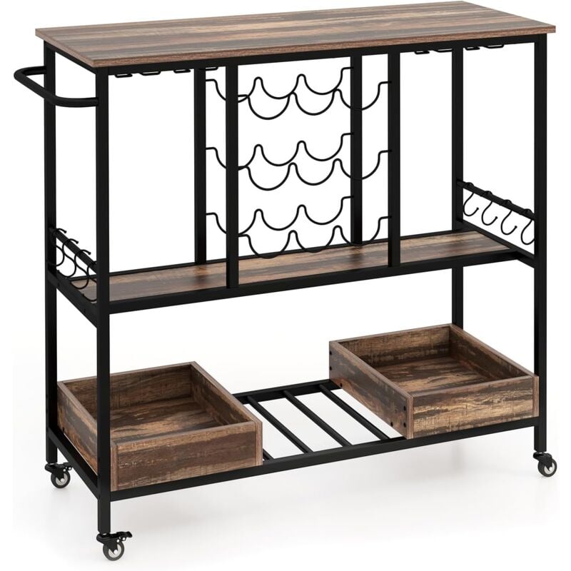 Porte-Bouteille Mobile, 3 Niveaux Industriel avec Supports à Verres, Supports à Vin, Crochets et Plateaux de Rangement, Roues