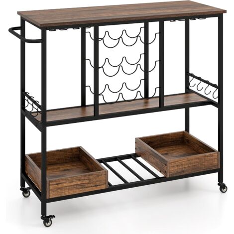 GOPLUS Porte-Bouteille Mobile, 3 Niveaux Industriel avec Supports à Verres, Supports à Vin, Crochets et Plateaux de Rangement, Roues Verrouillables,107,5x40x91,5CM (Industriel)