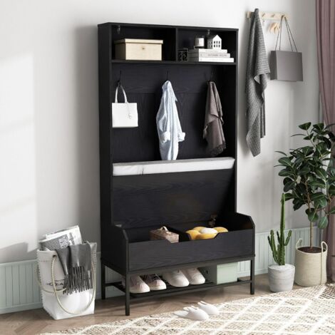 Goplus – Porte manteau 170 cm avec banc à chaussures – Compartiments ouverts – Crochets robustes – Kits anti-basculement pour entrée – Noir - ROBE 4 EN