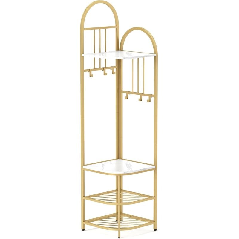 Goplus - Porte-manteau d'Angle H.180CM avec Banc à Chaussures,4 Étagères de Rangement et 4 Crochets Amovibles-Cadre en Métal Blanc