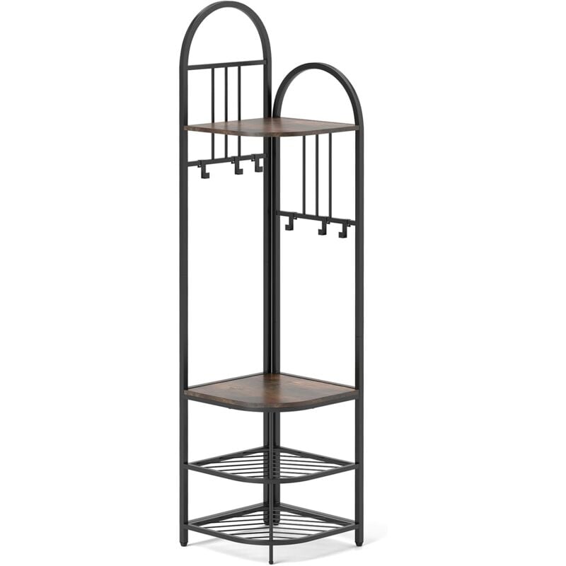 Goplus - Porte-manteau d'Angle H.180CM avec Banc à Chaussures,4 Étagères de Rangement et 4 Crochets Amovibles-Cadre en Métal Marron