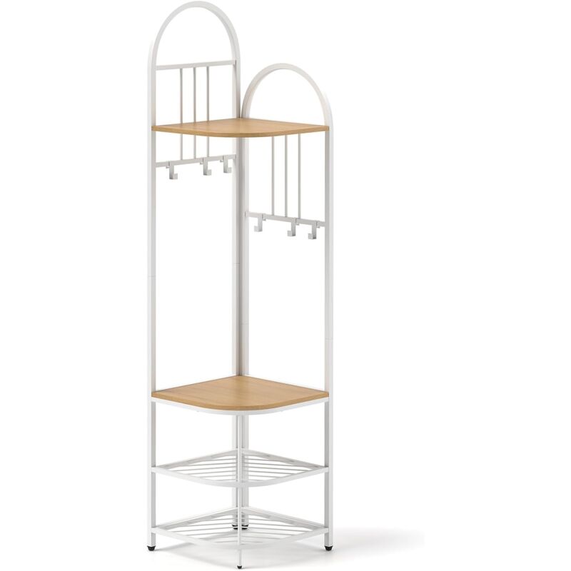Goplus - Porte-manteau d'Angle H.180CM avec Banc à Chaussures,4 Étagères de Rangement et 4 Crochets Amovibles-Cadre en Métal Naturel
