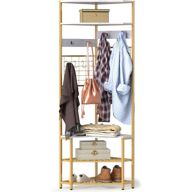 Goplus - Porte-Manteau d'Angle H.183,5CM avec Banc à Chaussures,5 Etagères de Rangement et 12 Crochets-Cadre en Métal Blanc