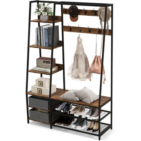 GOPLUS Porte-Manteau Multifonctionnel avec Banc, 9 Crochets et 6 Étagères, 2Tiroirs en Tissu Amovible, Organisateur de Maison 6-en-1 pour Entrée, Salon, Chambre à Coucher, 122X40X180 CM