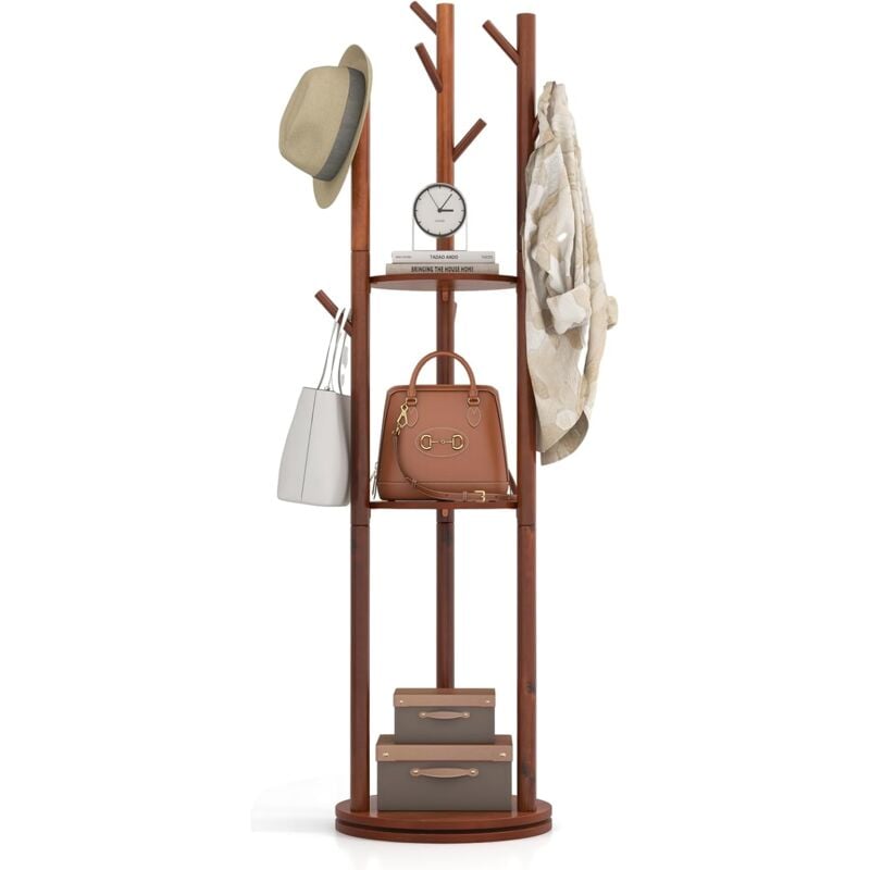 Goplus - Porte-Manteau Sur Pieds Bois, Porte-manteau Rotatif à 360°, 3 Etagères de Rangement, 9 Crochets, Bords Arrondis, Charge 35+10KG, pour Salon,