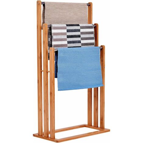 Goplus – Porte-serviette sur pied 3 barres en bambou laqué – Design compact pour salle de bain – Dimensions 46 x 24 x 84 cm – Installation facile