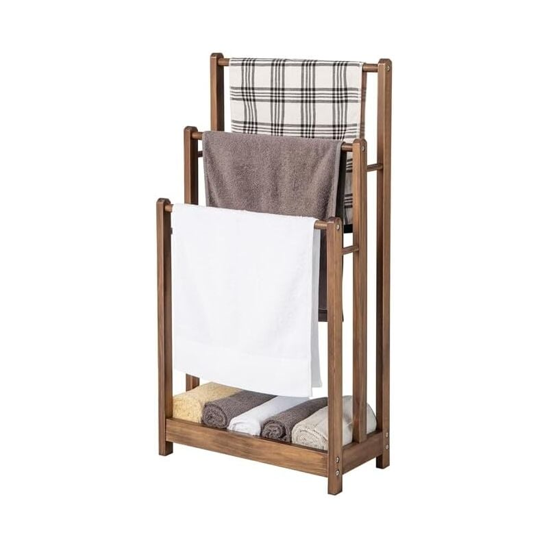 Goplus - Porte-Serviettes Autoportant sur Pied en Bois, avec 3 Barres Individuelles et Étagère Surélevée, Design Creux, 45x22x86cm