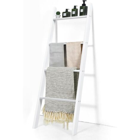 GOPLUS Porte-Serviettes Multifonctionnel en Bois à 4 Niveaux, Étagère Inclinée en Forme d'Échelle pour Serviettes, Couvertures, Support Décorative pour Salles de Bains, Chambres (Blanc)
