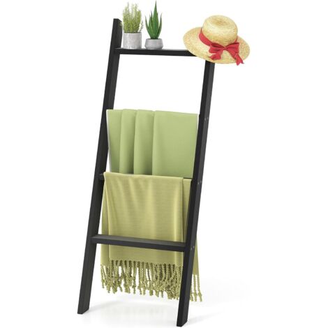 GOPLUS Porte-Serviettes Multifonctionnel en Bois à 4 Niveaux, Étagère Inclinée en Forme d'Échelle pour Serviettes, Couvertures, Support Décorative pour Salles de Bains, Chambres (Blanc) (Noir)