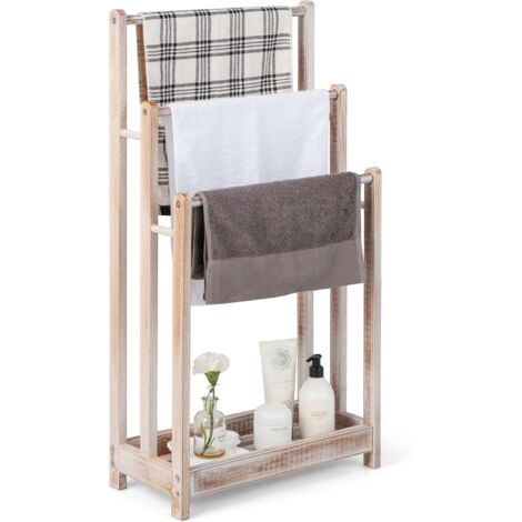 GOPLUS Porte-Serviettes sur Pied en Bois Massif, Porte-Serviettes avec 3 Barres Hauteur Différente et Étagère Inférieure Surélevée, Design Creux pour Éviter l'Accumulation d'eau, 45x22x86cm, Blanc