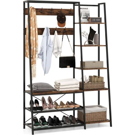 GOPLUS Portemanteau d'Entrée avec Banc à Chaussures, Armoire Murale 5-en-1, en Bois avec 9 Crochets, 5 Étagères Latérales et 2 Étagères en Maille, Organisateur Style Moderne pour Couloir, Chambre