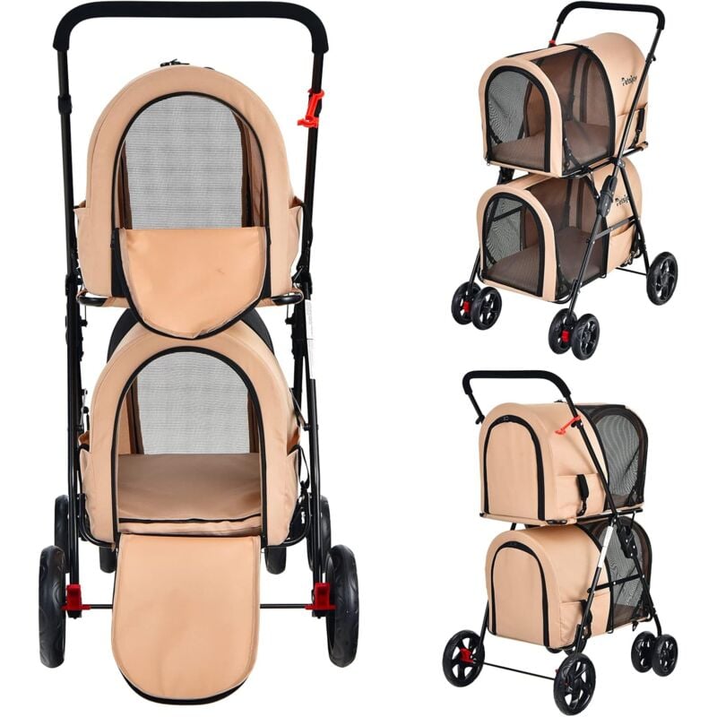 GOPLUS Poussette 2 étages pour Chien Chat Détachable et Pliable avec Roues Pivotants Universelles, Beige