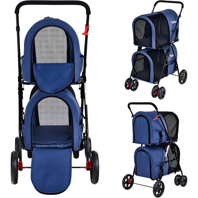 GOPLUS Poussette 2 Etages pour Chien Chat Detachable et Pliable avec Roues Pivotants Universelles, Bleu