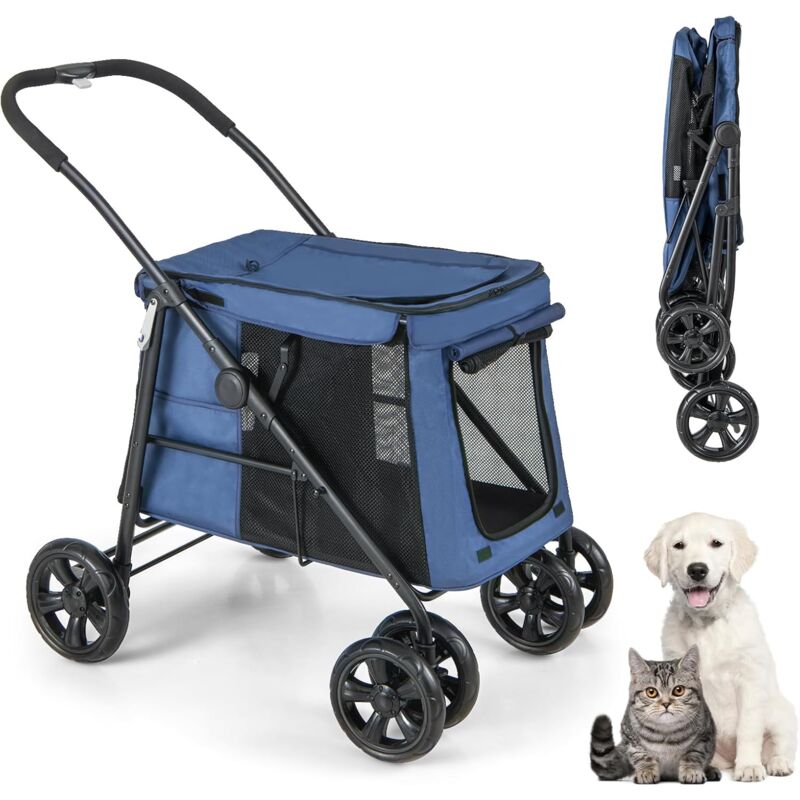 Goplus - Poussette pour Chien Chat, Poussette Pliable à 4 Roues avec Portes Zippées, Lucarne Respirante, Fenêtres en Maille, Bleu