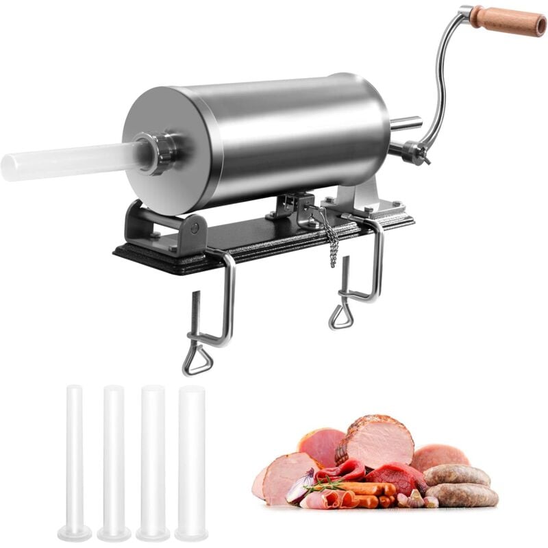 Poussoir a Saucisse, Machine a Saucisse Manuelle en Acier Inoxydable et Aluminium, avec Tubes de Renplissage Differents Diametres, Operation Simple