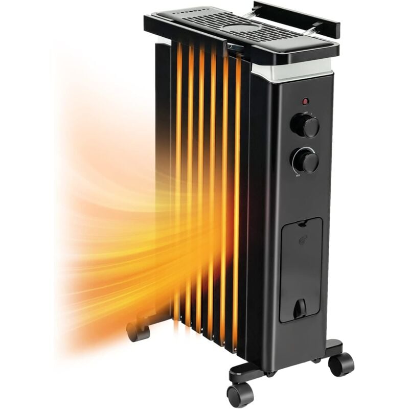 GOPLUS Radiateur Bain d’Huile Portable Chauffant Silencieux 1500W, Thermostat Réglable, Humidification, Porte-serviette, Porte-gobelet, 7 éléments,