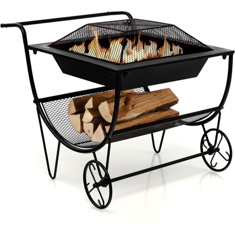 Range Bûche avec Barbecue Charbon Brasier, Porte Bûches Bol de Feu en Métal, Roues de Roulement, Chariot à Bois de Chauffage Charge de 50 kg, pour
