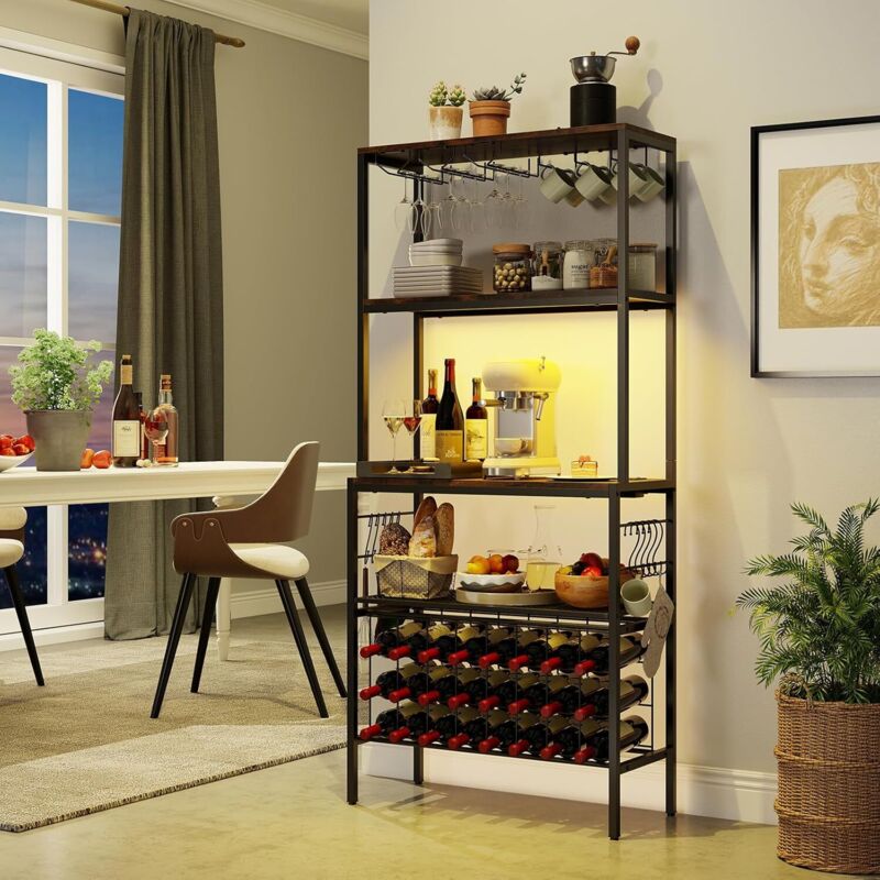 GOPLUS Range Bouteille 75x33x165 CM avec Multiprise USB-C/A, Casier à Bouteilles Industriel 24 Cases à Vin, 3 Étagères, 8 Crochets, Rangement Casier