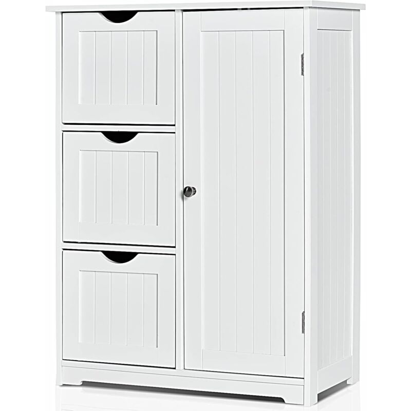 Rangement Salle de Bain 3 Tiroirs &1 Armoire, Placard Porte Magnétique, Anti-Basculement, étagère Réglable, 60x30x82cm,Blanc - Goplus