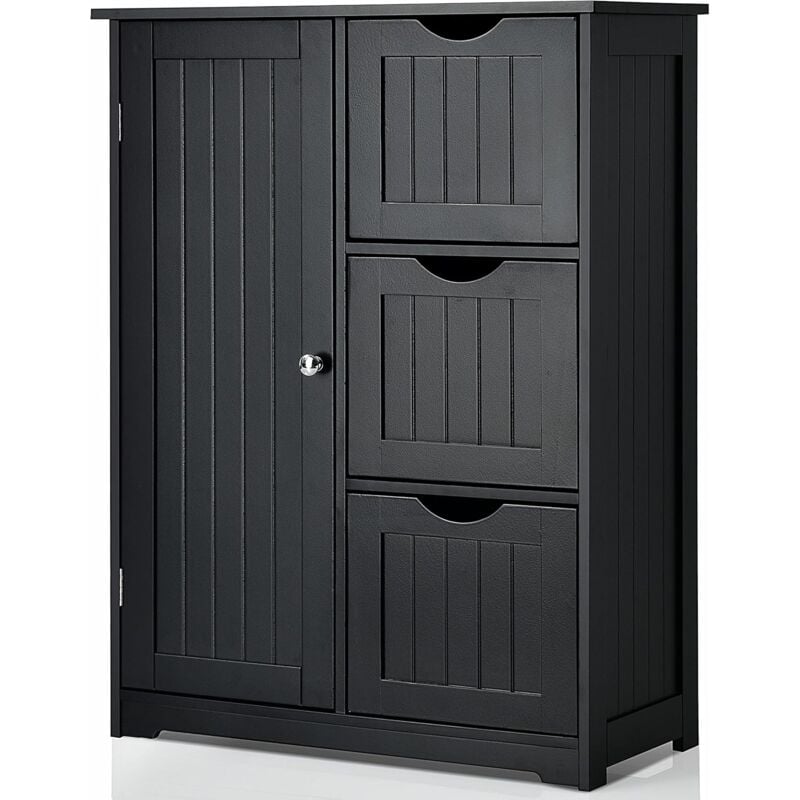 Rangement Salle de Bain 3 Tiroirs&1 Armoire, Placard Porte Magnétique, Anti-Basculement, étagère Réglable, 60x30x82cm,Noir - Goplus
