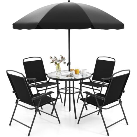 Goplus – Salon de jardin 6 pièces pour 4 personnes – Table ronde en verre trempé – Chaises pliantes en textilène – Parasol de patio 178 cm – Noir